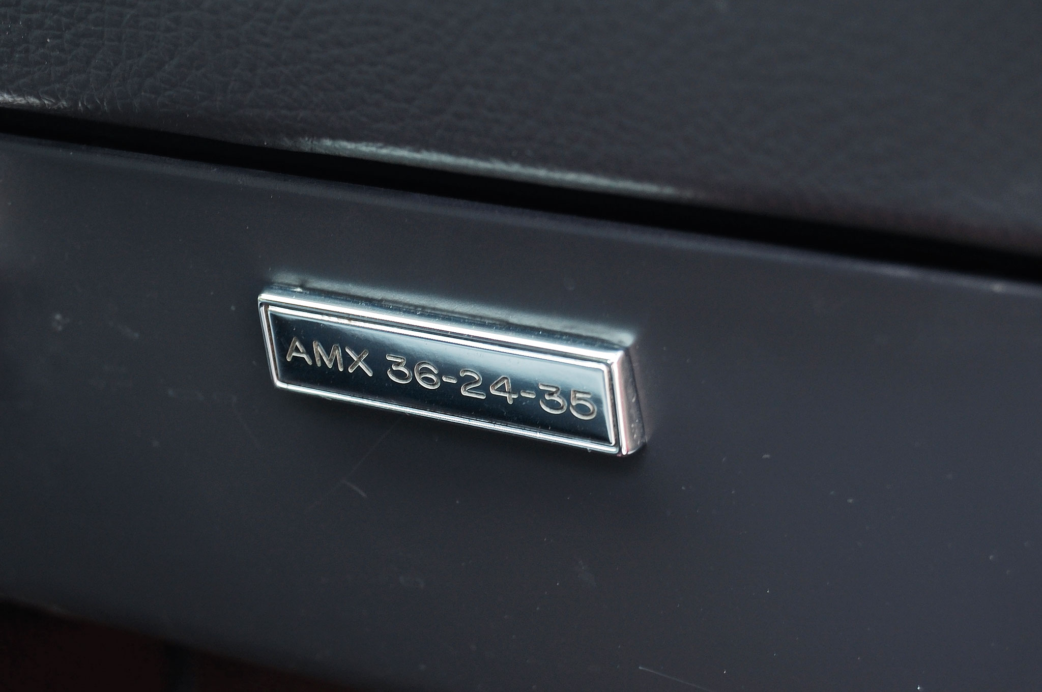 The “36-24-35” plaque in the Playmate Pink ’68 AMC AMX given to bunny Victoria Vetri reflects the length, in inches, around the model’s chest, waist, and hips, respectively.
Wow.